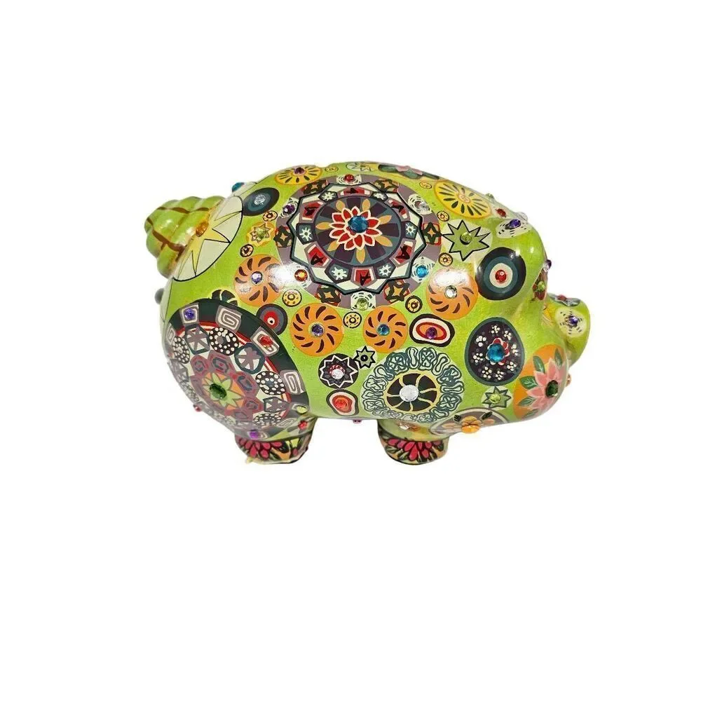 Mexican Pottery Hand Painted Multicolor Ceramic Bedazzled Jeweled Piggy Vintage